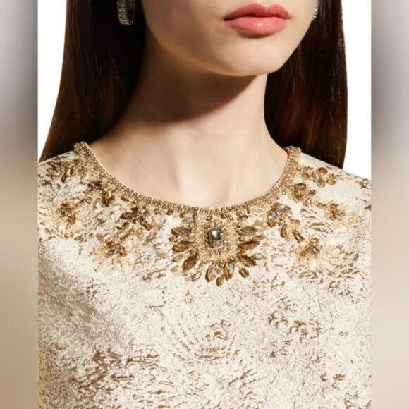 NWT Teri Jon Rickie Freeman Gold Beaded Jacquard Trumpet Gown Size 2 - Picture 10 of 12